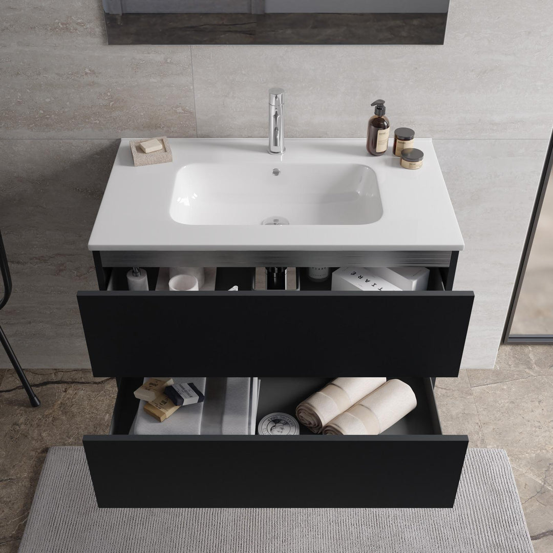 Suspended bathroom cabinet with drawers 80 cm matt black with sink and mirror - Cuki