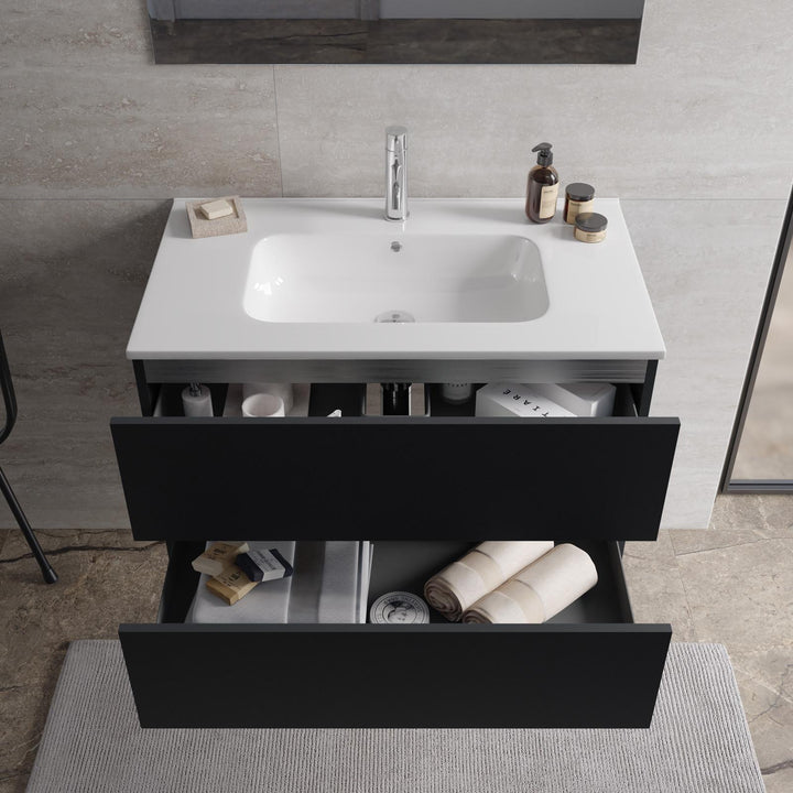 Suspended bathroom cabinet with drawers 80 cm matt black with sink and mirror - Cuki