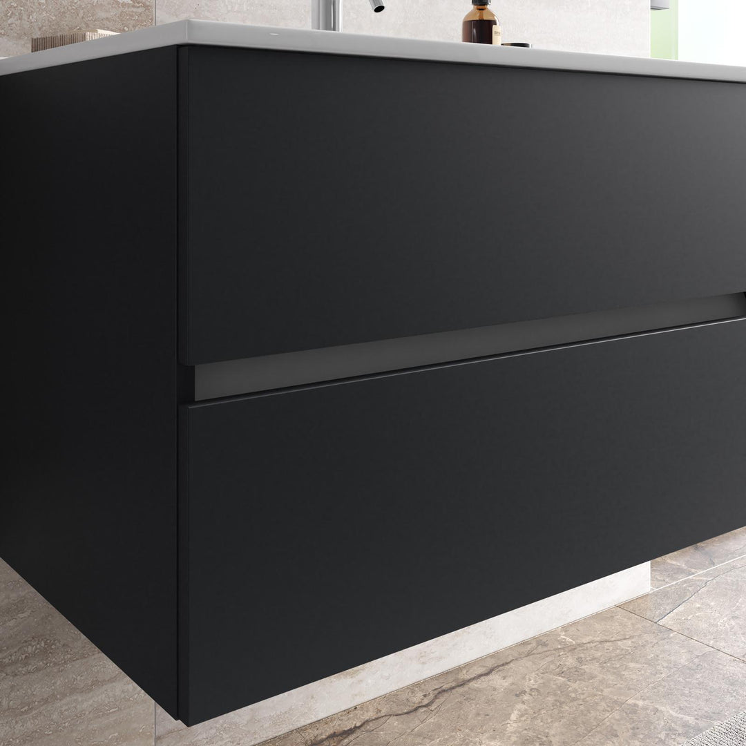 Suspended bathroom cabinet with drawers 80 cm matt black with sink and mirror - Cuki
