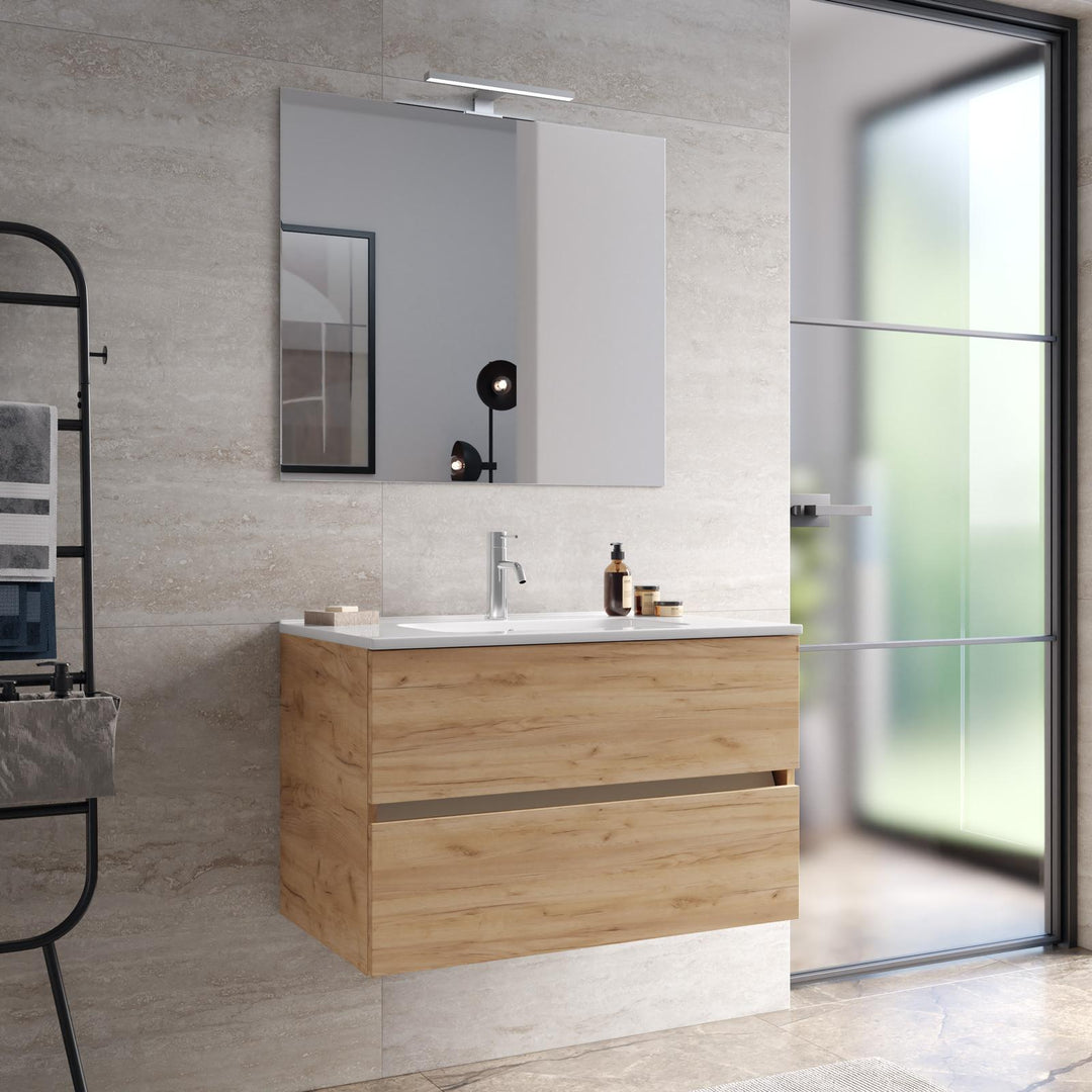 Suspended bathroom cabinet with drawers 90 cm gold oak with sink and mirror - Cuki