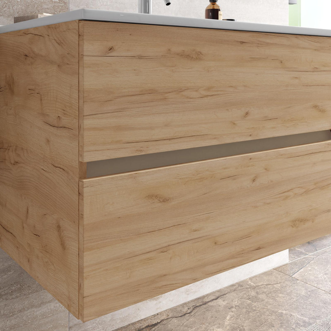 Suspended bathroom cabinet with drawers 90 cm gold oak with sink and mirror - Cuki