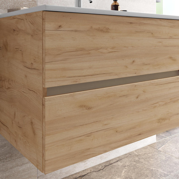 Suspended bathroom cabinet with drawers 90 cm gold oak with sink and mirror - Cuki